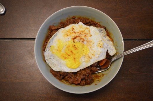 chili rice fried egg breakfast bowl